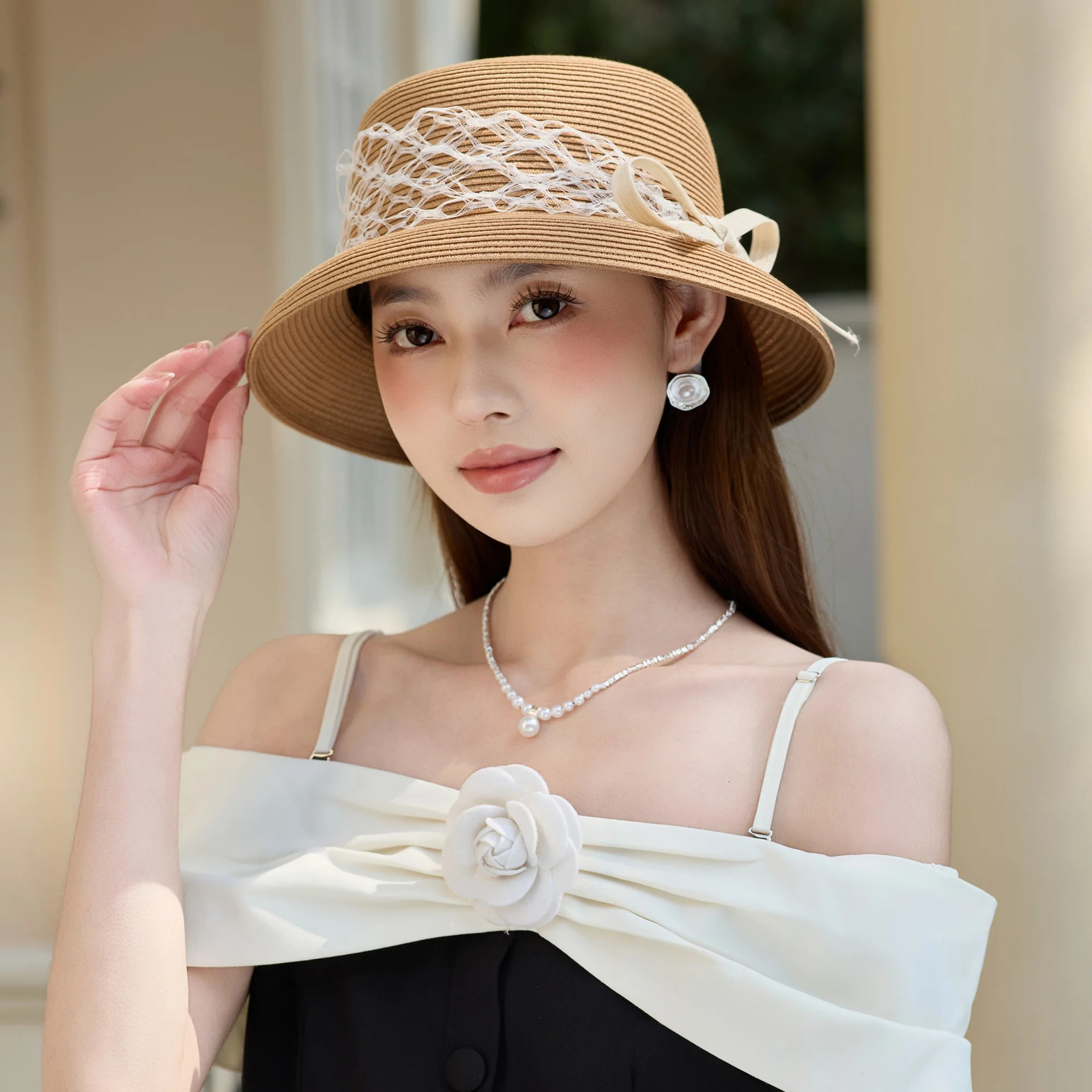 Silk and linen Decoration Line Straw Hat Pography Hat Sunscreen UV Protection Beach Sun Visor Farmers Bow Straw Hats 250624
