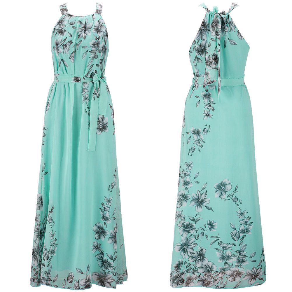 F625Women's Bohemian Printed Chiffon Dress Beach Long Dress