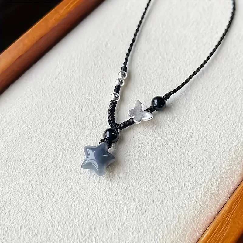 Vintage Black Rope Chain Short Necklace Korean Acrylic Star Pendant Necklace Womens Casual Fashion Party Jewelry V250625