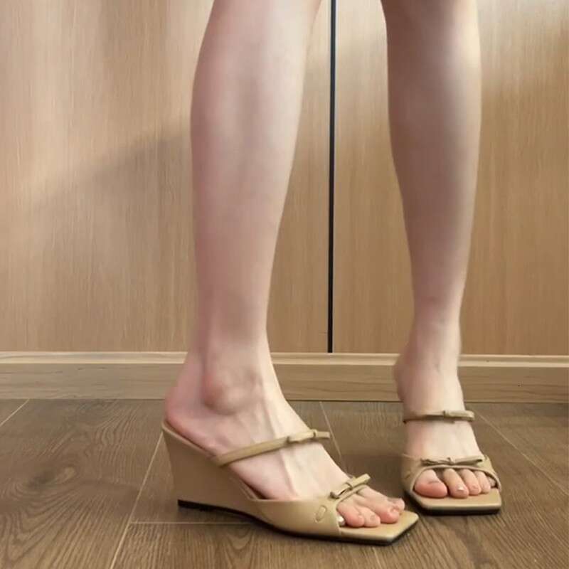 French Style Elegant Wedge Summer New Square Temperament Open Toe One Strap Bowknot Women's High Heel Sandals