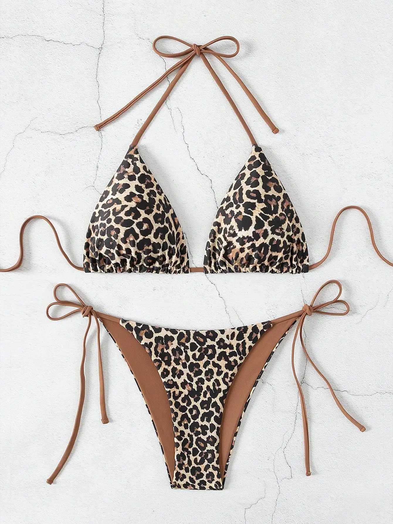 Summer leopard print sexy suspender bikini swimsuit set suitable for women XJ250624