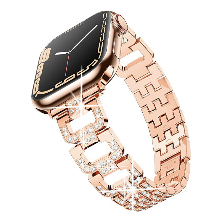 Luxury Premium Fashion D Shaped Full Diamond Inlaid Five Link Metal Watch Band for Apple Watch Series 1-9