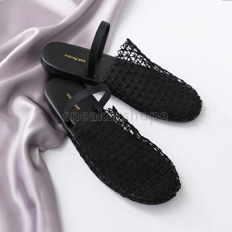 designer sandals women fishnet woven flats heels sandal fashion Summer mules Elegant Hollow Out Mesh slippers Ladies sandale
