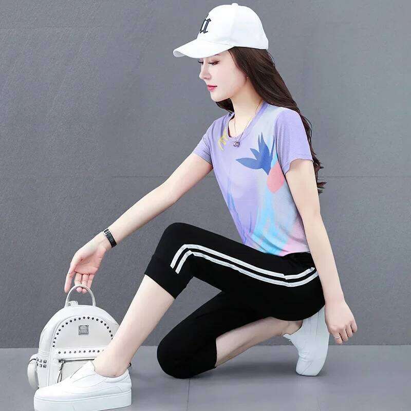 Quick Dry Ice Silk Running Shorts Women's Summer Sportswear Set Casual Short Sleeve Two Piece Suit Korean Style
