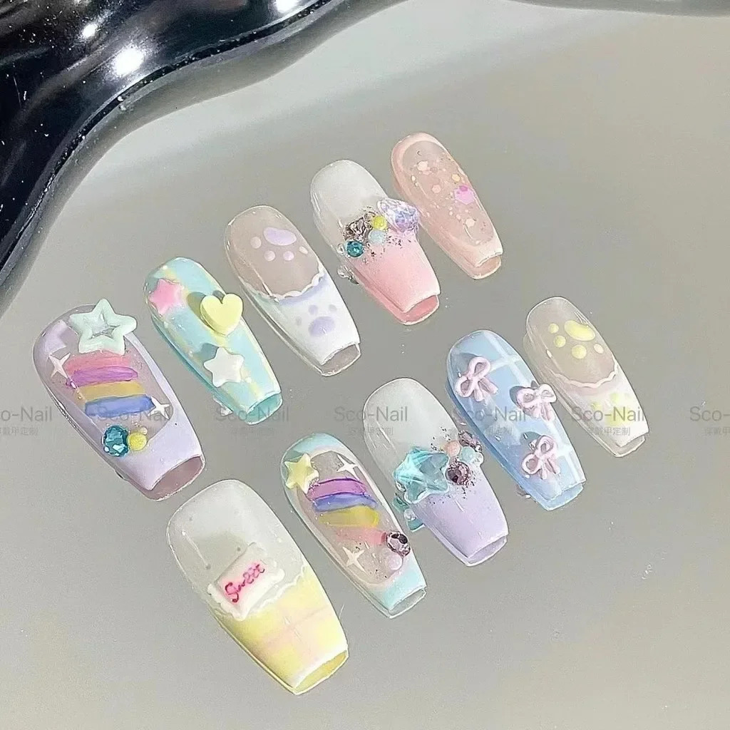 Candy Pudding Handmade Wearable Nails Sweet Cute Nail Art Patch Removable Bow Star Summer French Fake Nails 250625