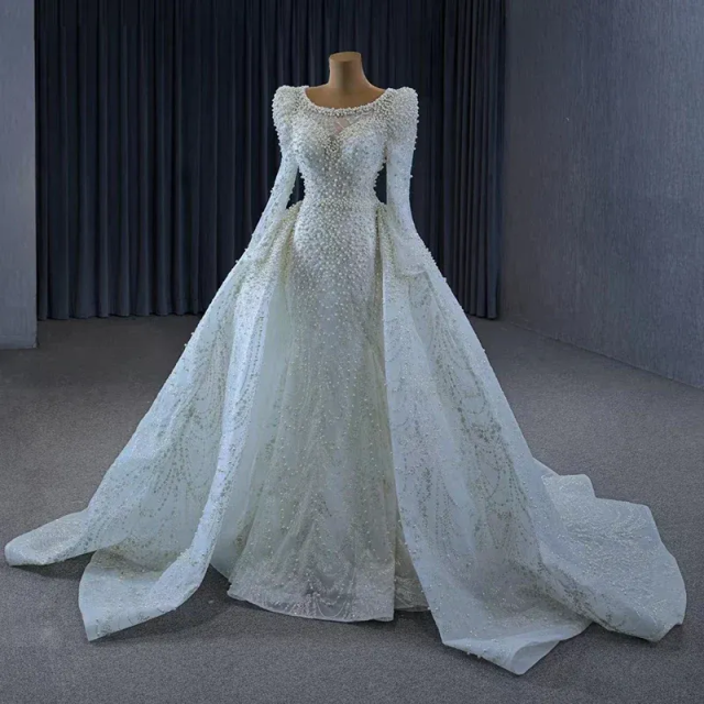 Elegant A Line Women Wedding Dress Jewel Neck Long Sleeves Bridal Gowns Sequins Pearls Detachable Train Dress Custom Made vestidos de novia
