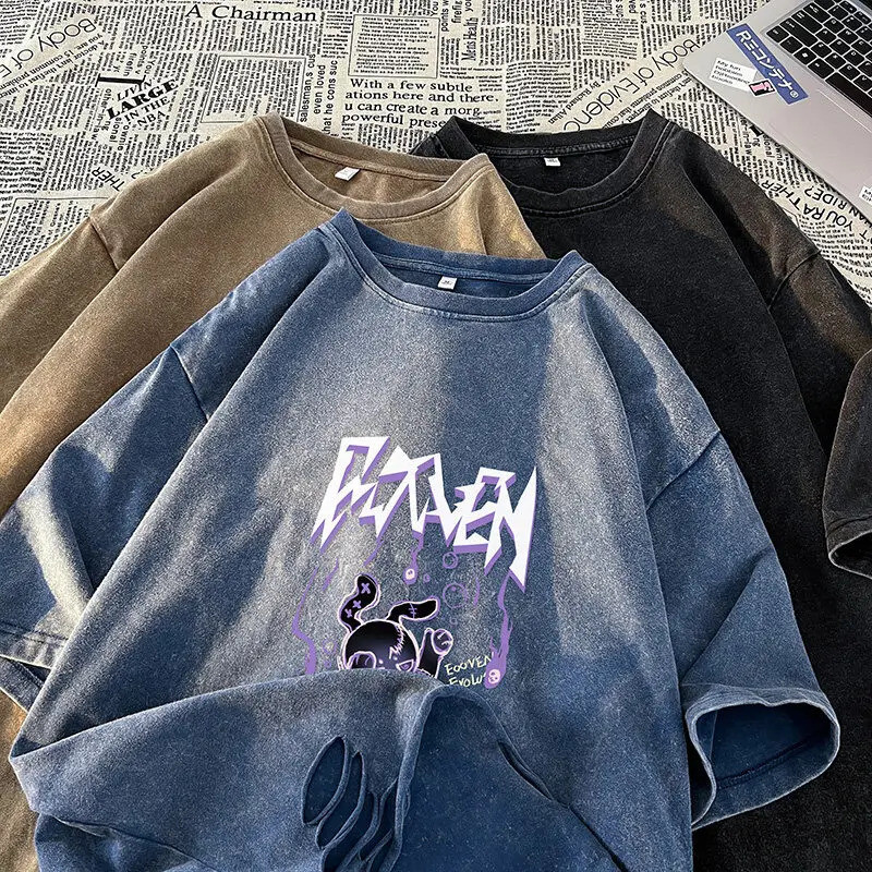 Stylish Hole Washed T-shirt Street Couples Short-sleeved Tops Men Women Round Neck Loose T-Shirt 250618