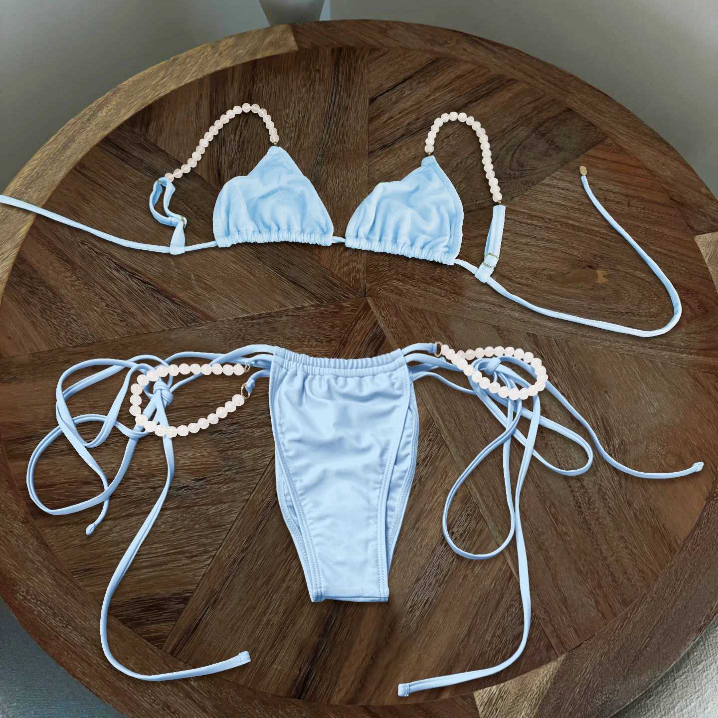 Beads Bikini 2025 Sexy Women Swimsuit Female Swimwear Micro Bikini Set Bandeau Swimming Suit Beachwear Pink Brazilian Bikini XJ250624