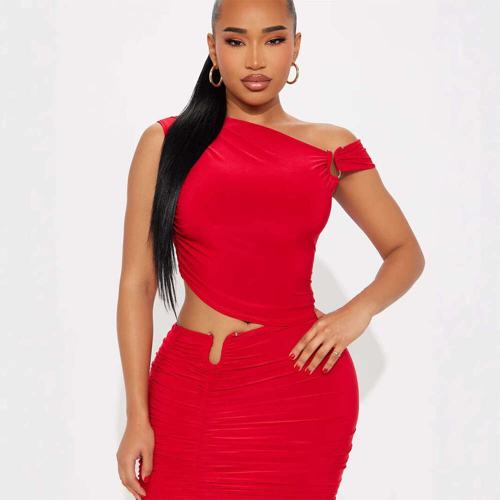 Summer New Women's Fashion Personality Sexy Hot Girl Slim Fit Asymmetric Shoulder Top Bodycon Short Skirt Set B5