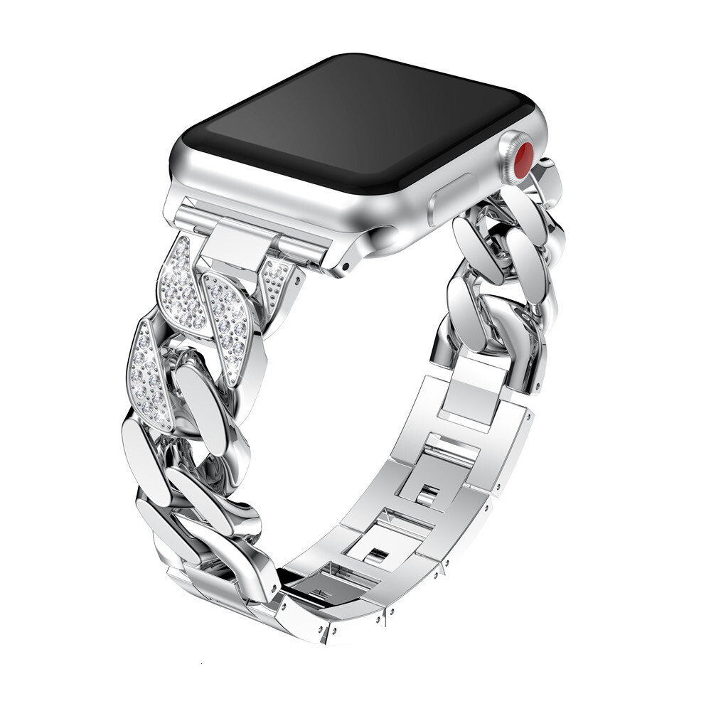 Luxury High End Diamond Inlaid Single Row Denim Chain Stainless Steel Solid Watch Strap for Apple iWatch