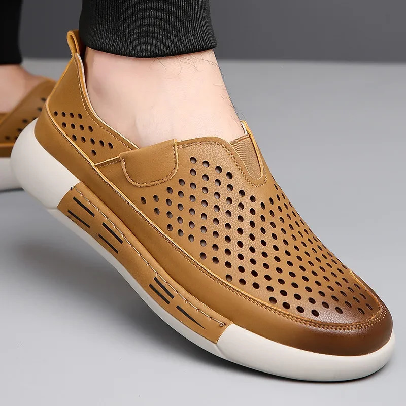 Men Hollow Hole Casual and Versatile Leather Shoes One Step Hole Punch Shoes Toe Thick Soled Leather Shoes 250624