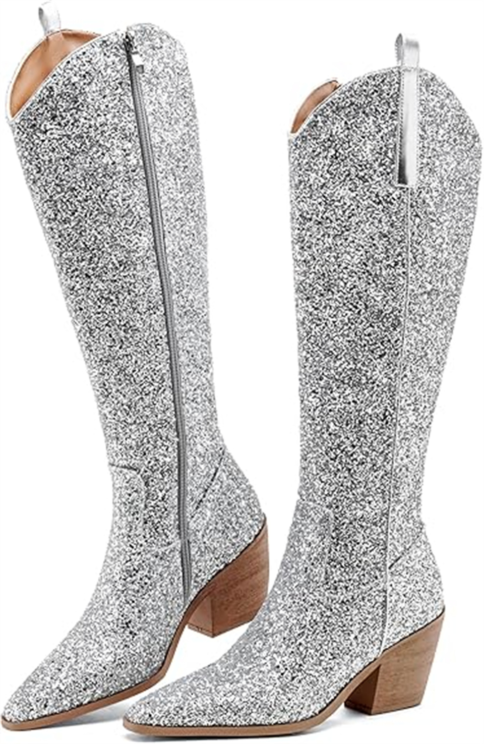 ARQA Cowgirl Boots for Women Side Zipper Tall Wide Calf Western Knee High Cowboy Boots Chunky Heels Glitter Sequin Party Dress Wedding Bridal Country 