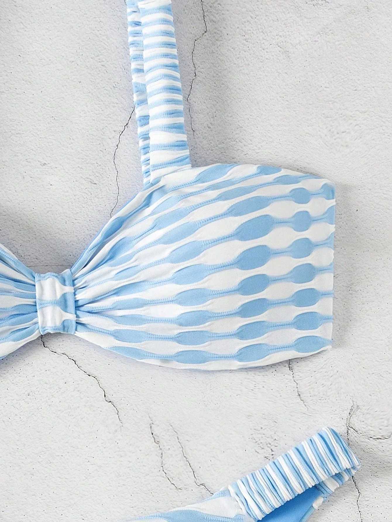 Blue striped split bikini schoolgirl youth pure seaside resort beach spaXJ250624