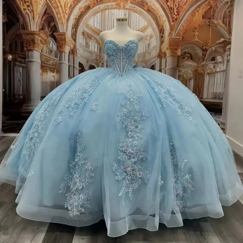Light Blue Princess Ball Gown Quinceanera Dresses Vestidos De 15 Anos XV Appliques Flower Beading Crystal Birthday Party Sweet 16 Dress