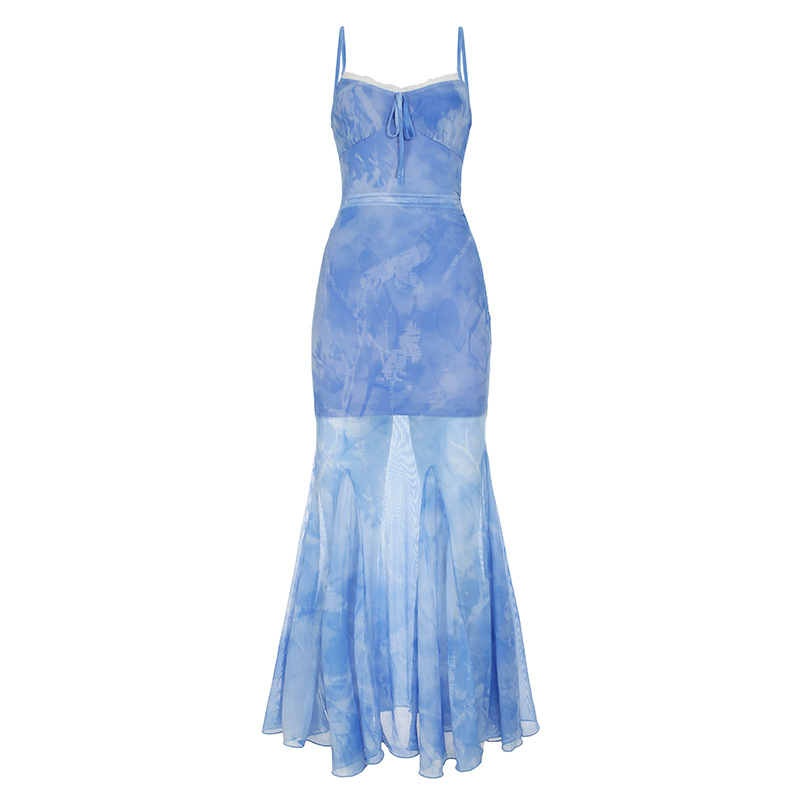 FD278 Spring and summer fresh mint green mesh suspender dress