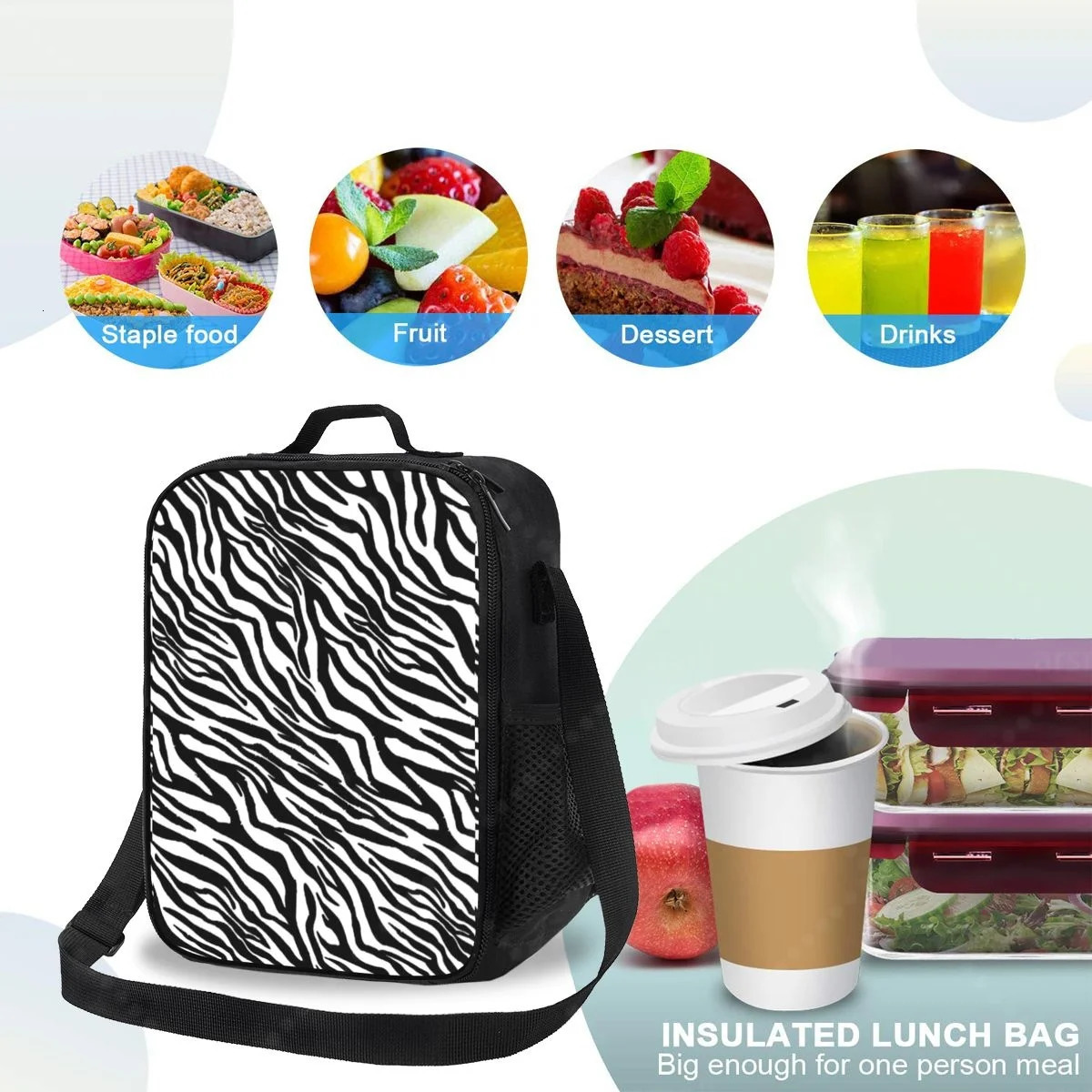 Zebra Stripe Lunch Bag for Women Portable Thermal Insulated Lunch Box Picnic Multifunction Food Tote 250624