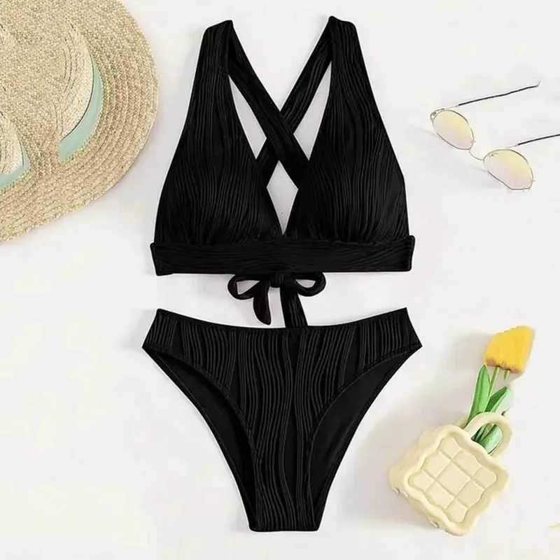Triangle Bikini Set for Women 2024 V Neck Halter Tie Back Summer Bathing Suit High Waisted Summer Two Piece Swimsuit XJ250624