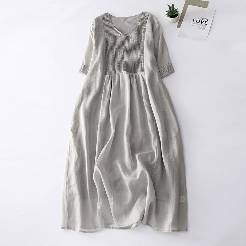 Casual Dresses Plus Size Cotton Linen For Women Spring Summer 3/4 Sleeve White Loose T Shirt Pullover Long