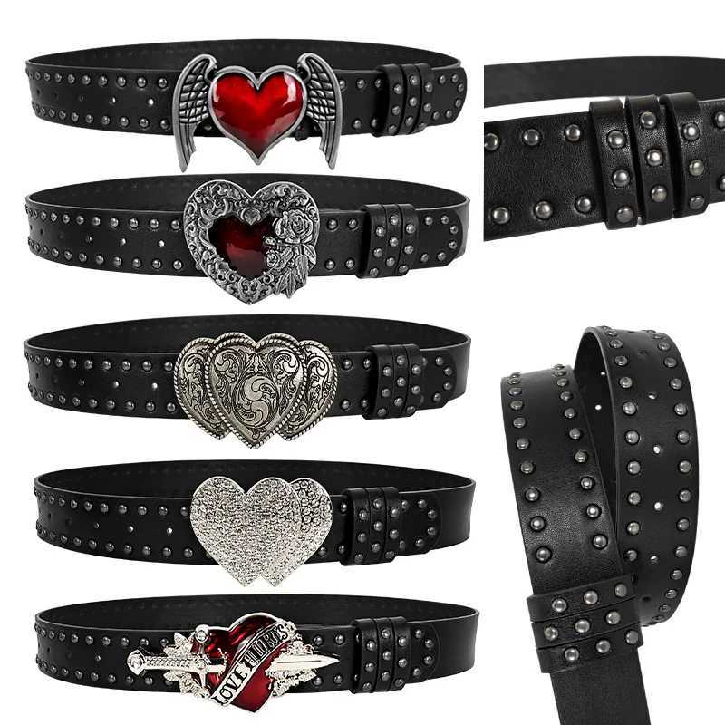 Unisex Jeans Belt Sword Red Heart Gothic Y2K Fashion Belts For Women Designer Luxury Black Rivet Punk Accessory Mens Belt Male W250625
