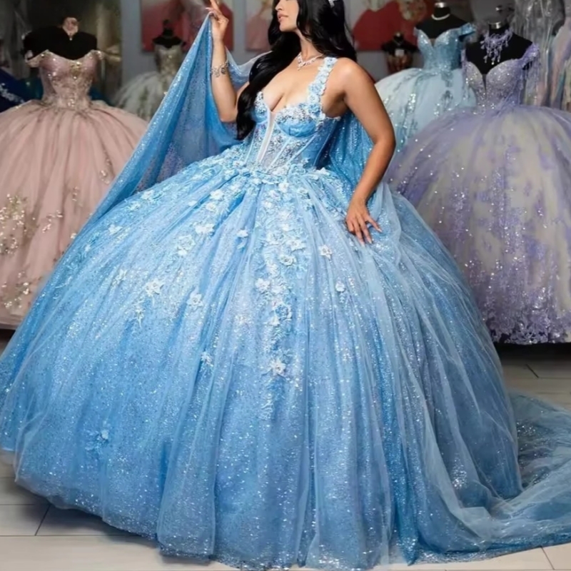 Sky Blue Glitter Quinceanera Dresses Appliques Sequined Beading With Cape Sweet 16 Dress Party Gown Vestidos De 15 Anos