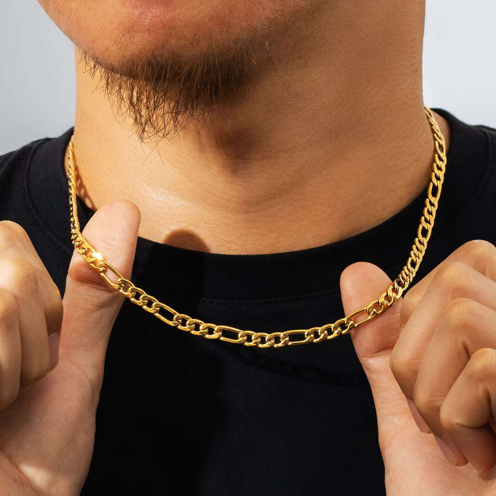 KRKC Wholesale Fashion Jewelry 3mm 5mm 18K Gold Plated Link Stainless Steel Figaro Rope Cuban Chain Necklace Mens Chains