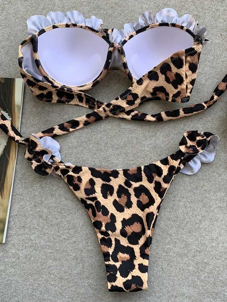 Sexy Leopard Strapless Bikini Set 2 Piece Women Split Swimsuit High Waist Beach Style Bikini 2025 New Summer Swimwear Bikini XJ250624