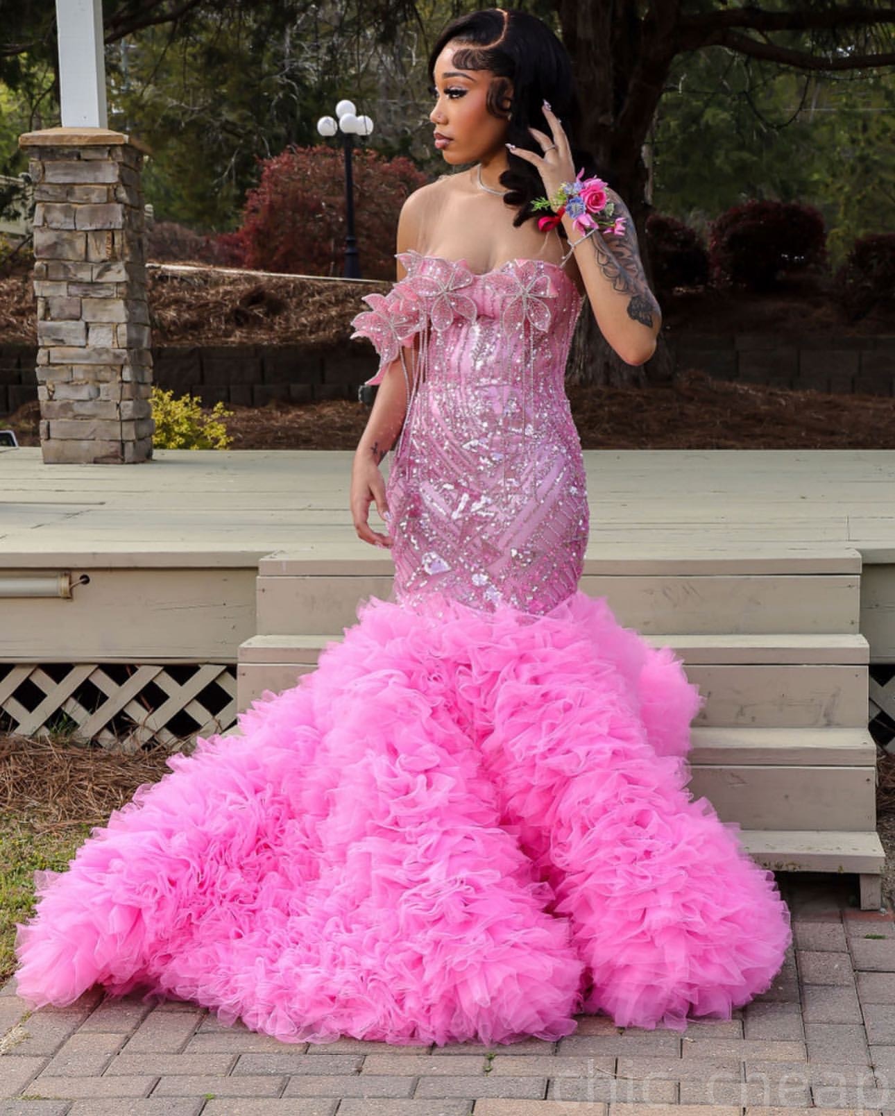 Pink Mermaid Prom Dresses 2025 Flowers Crystals Tiers Tulle Evening Formal Party Second Birthday Engagement Gowns Plus Size Dress For Special Occasion