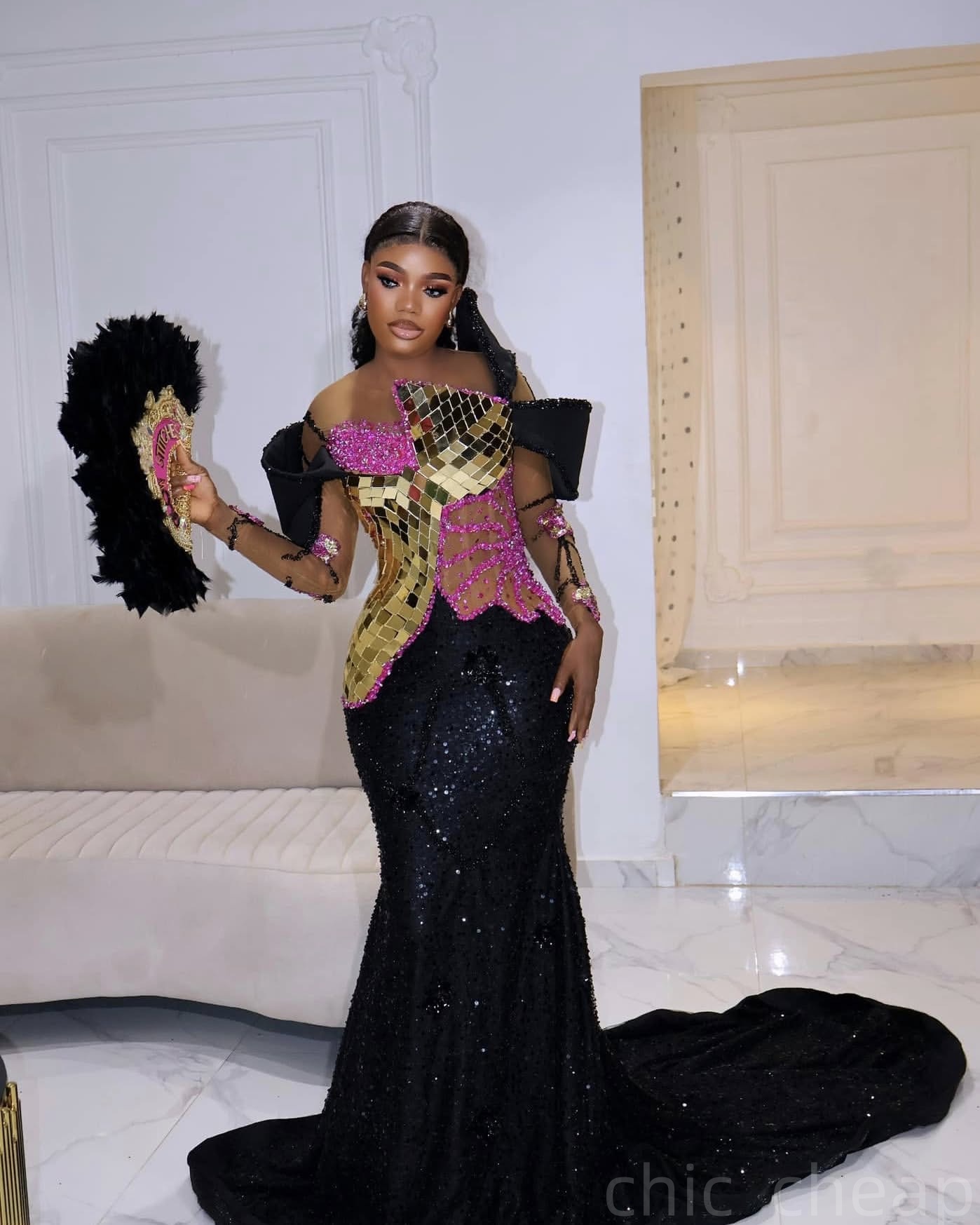 Black Mermaid Prom Dresses 2025 Crystals Beaded Sequined Luxurious Evening Formal Party Second Birthday Engagement Gowns Plus Size Dress For Special O