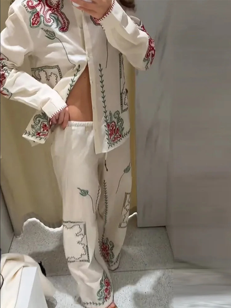 Casual Embroidered Shirt Pant Set Women Loose Lapel Single Breasted Top Elastic Waist Straight Trousers 2025 Summer Lady Outfits 250616