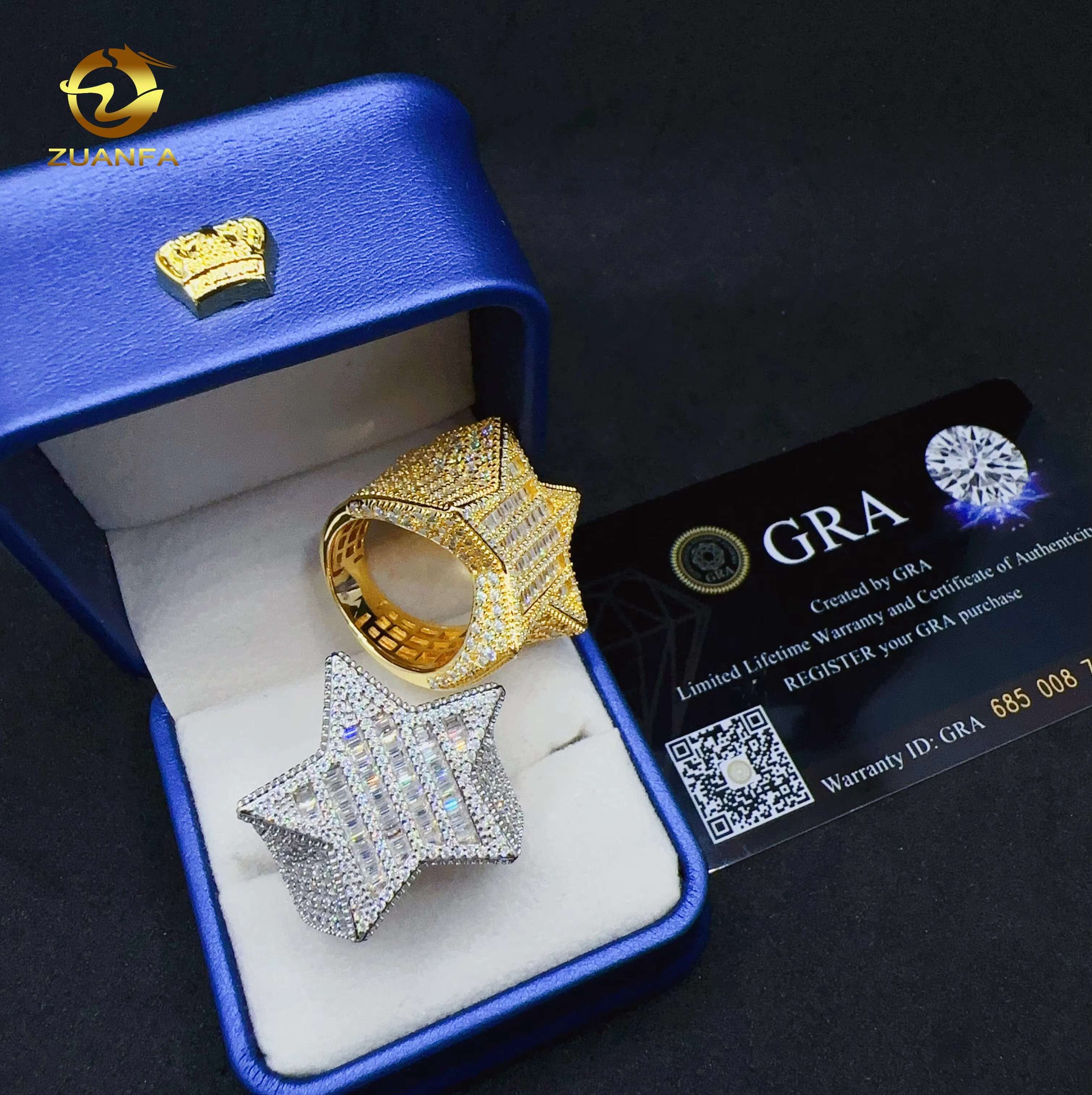 Fashion Baguette VVS Moissanite Star Design Ring Custom Hip Hop Jewelry 925 Sterling Silver Ring for Men women