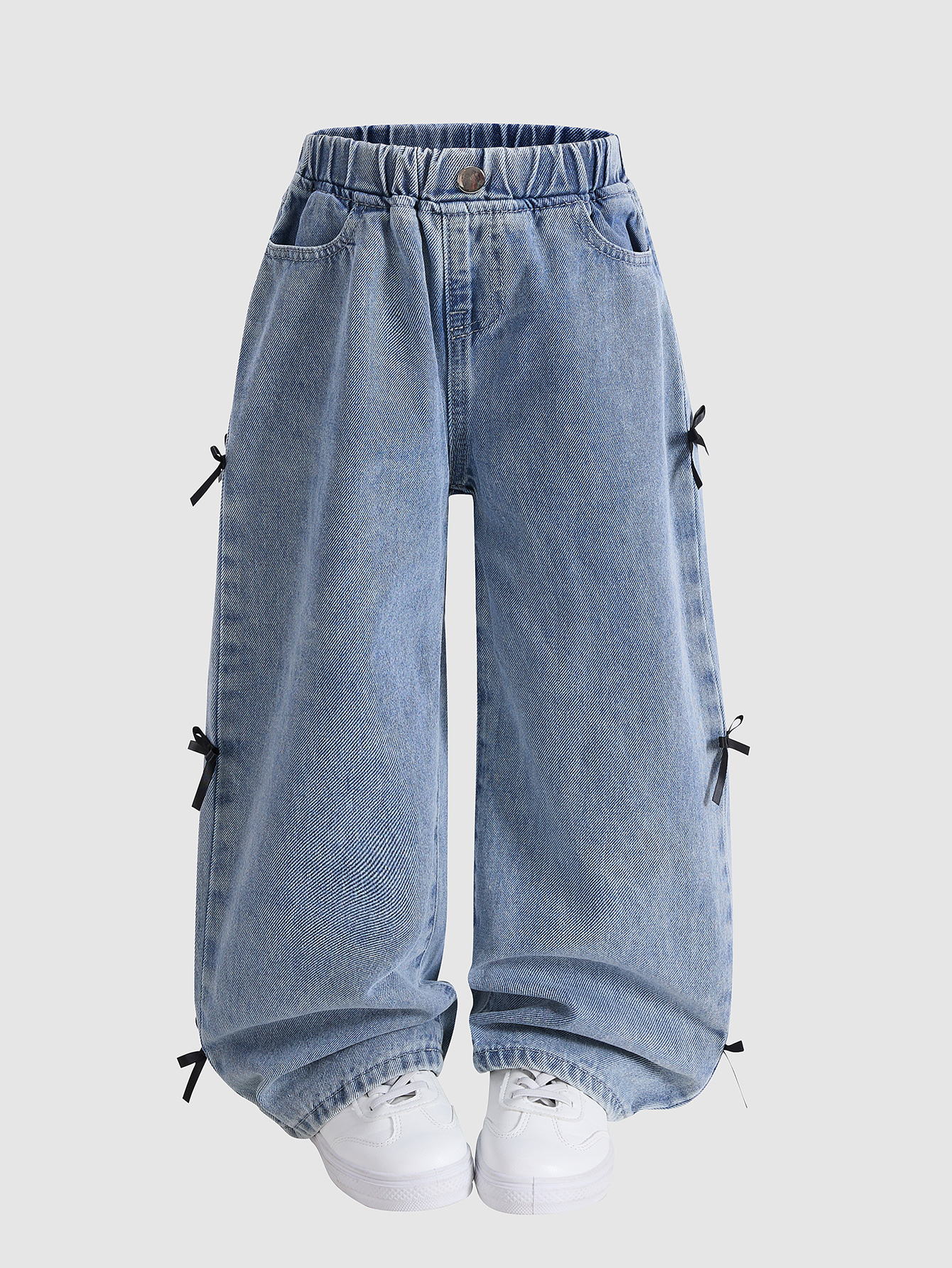Kids Fashion Essentials Soft Textured Indigo Dye Washed Jeans Plus Charming Ebony Silk Bow Accessory