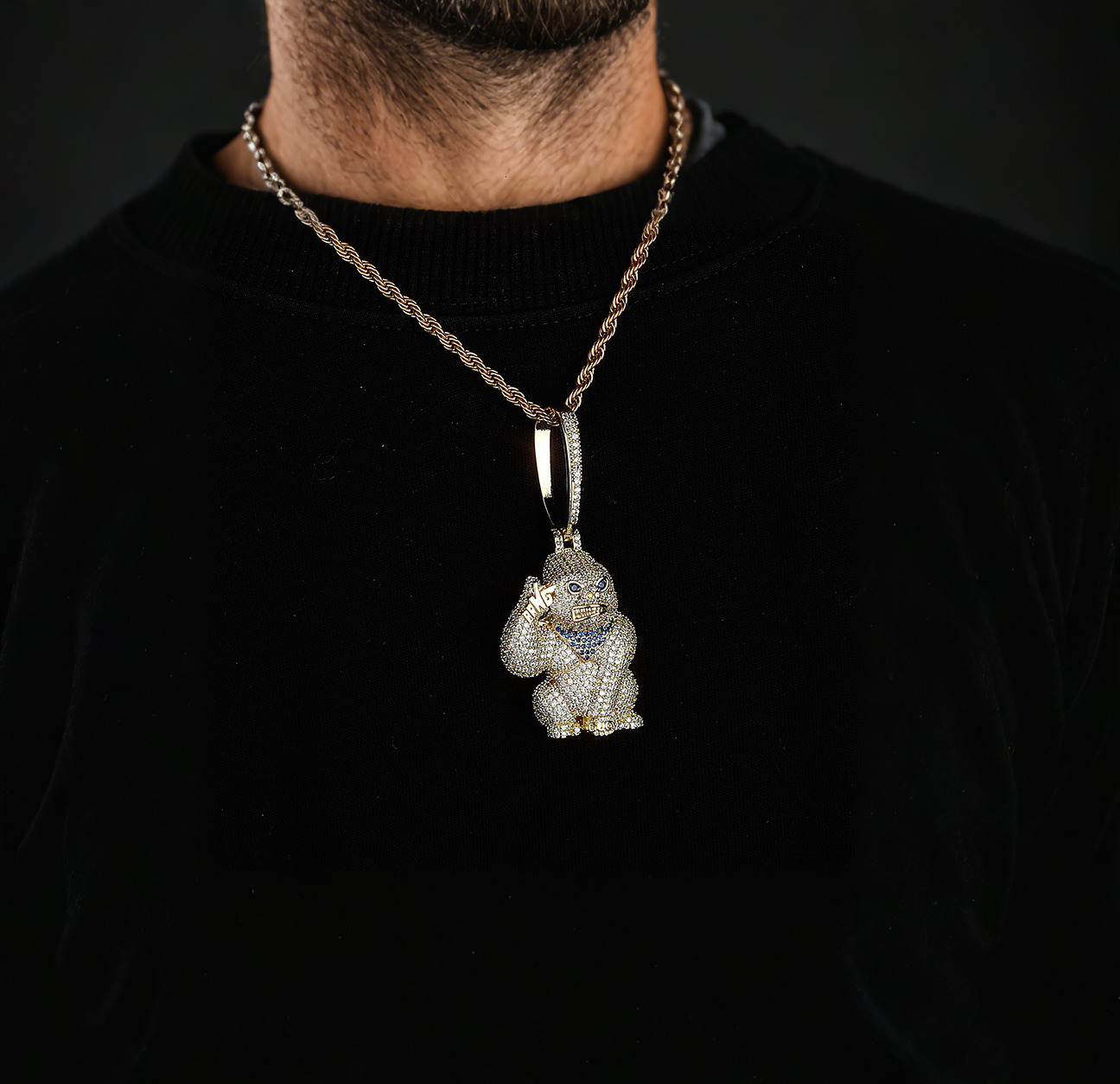 New In 14k Gold Hip Hop Iced Out Full Diamond Gorilla Pendant Necklace For Men And Women Fine Quality Bling Cubic Zirconia Punk Rock Rapper Jewelry Ac