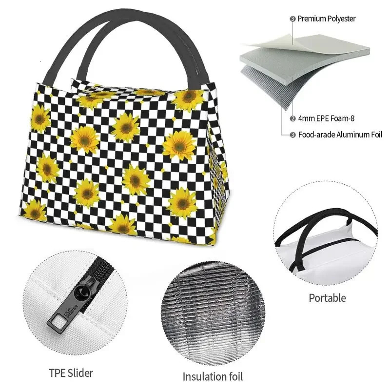 Sunflowers On Checkered Squares Insulated Lunch Bags for Women Beauty Floral Resuable Cooler Thermal Bento Box Hospital Office 250624