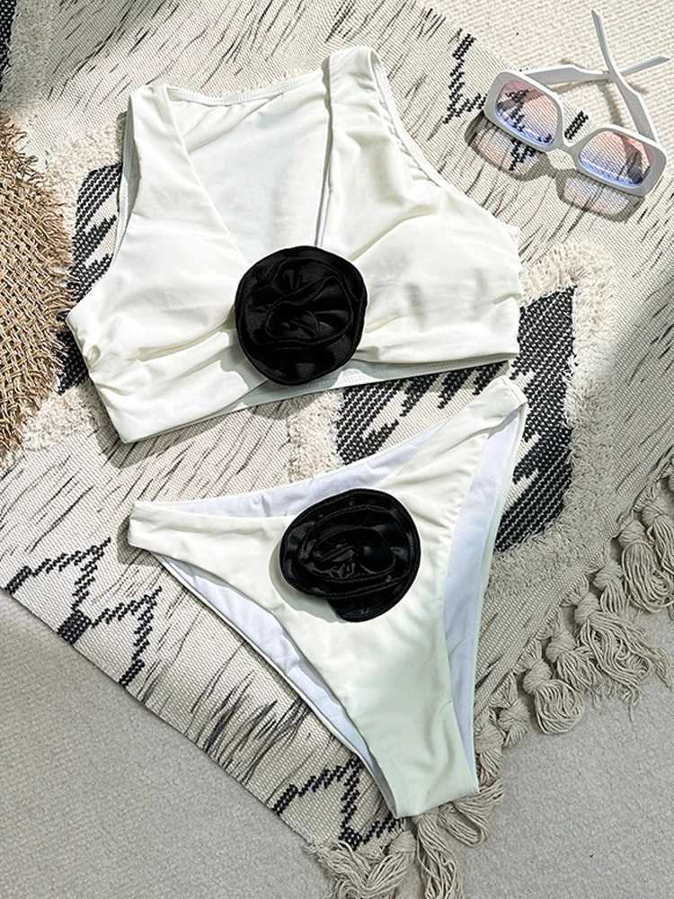 White 3D Flower Black Feminine Bikini Sets Sexy High Waisted Womens Two-piece Swimsuit 2024 Trend Brazilian Beach Outfit XJ250624