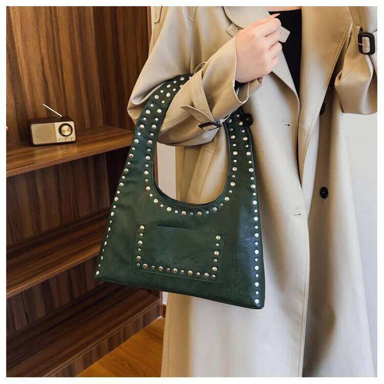 Vintage Rivet Women Shoulder Bags Punk Style Lady Handbags Pu Leather Underarm Bag Small Tote Female Purses 2025