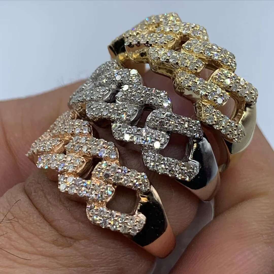 2021 Luxury Hiphop Real 14K Solid Gold Iced Out Moissanite Diamond Men Cuban Ring