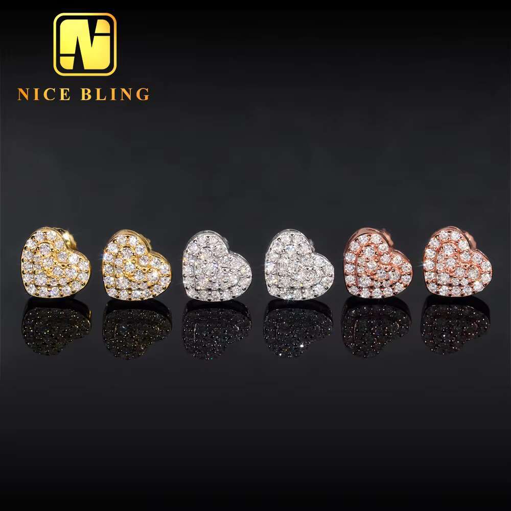 Classic Hip Hop Jewelry Heart Shape Iced Out Ear Studs 925 Sterling Silver VVS Moissanite Stud Earring for Women