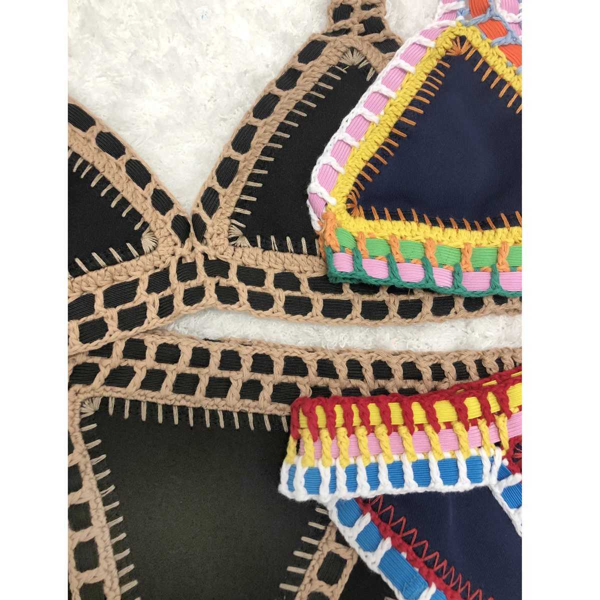 Women Sexy Black Swimwear with Elastic Swimsuit Handmade Crochet Navy Blue Bikini Sets XJ250624