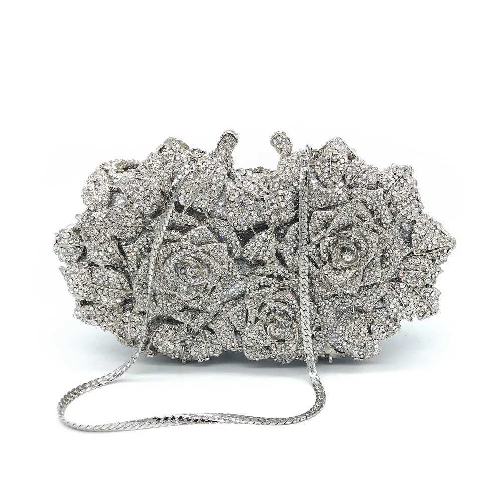 Hollowed-Out Rose Rhinestone Evening Bag Crystal Womens Bag Wedding Bridal Dinner Gown Bag Fashionable Luxury Banquet Handbag M250625