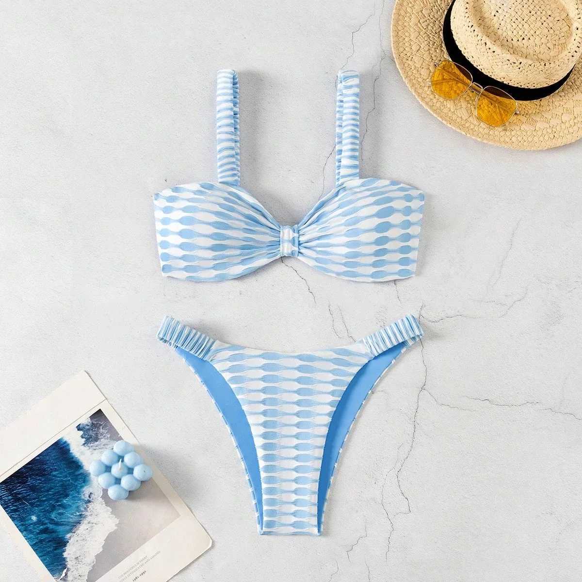 Blue striped split bikini schoolgirl youth pure seaside resort beach spaXJ250624