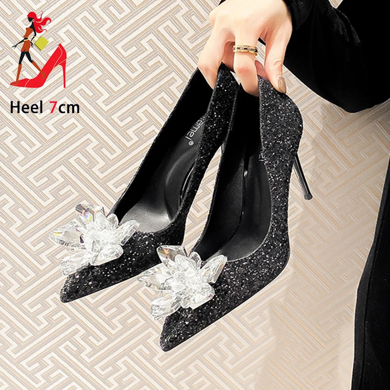 Woman Pumps Wedding Thin HIgh Heels Silver Glitter Crystal Flower Shallow Mouth Single Shoes For Women Pointed Toe Party Shoes 250624