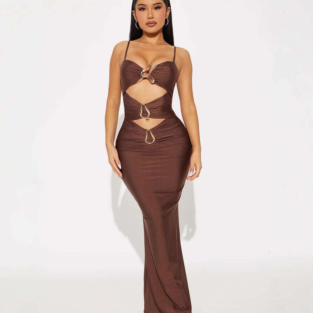 New Fashion Slim Sexy Solid Color Metal Design Hollow Out Strap Bodycon Long Dress For Women B5