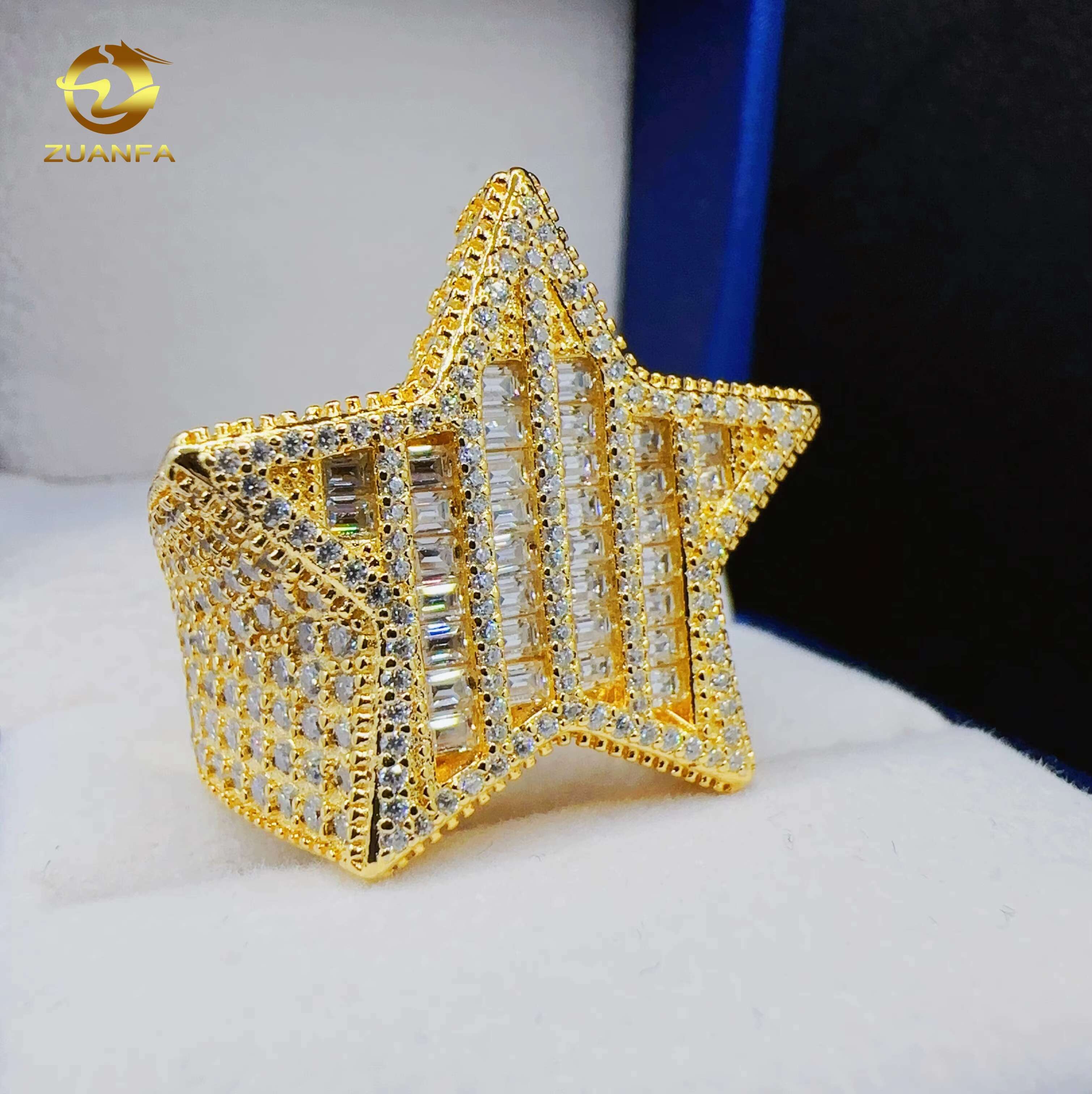 Fashion Baguette VVS Moissanite Star Design Ring Custom Hip Hop Jewelry 925 Sterling Silver Ring for Men women