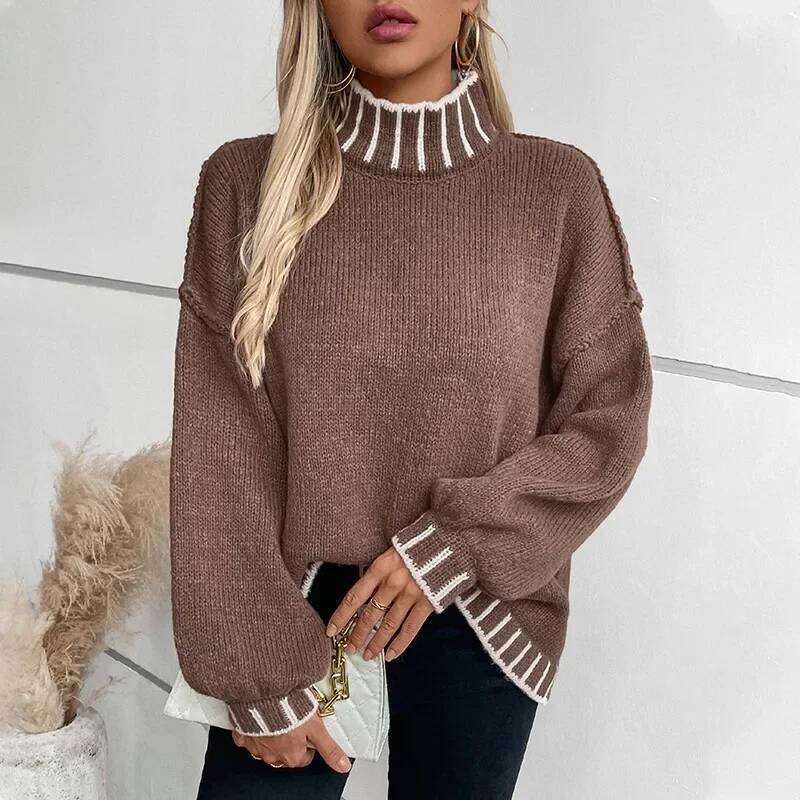 Pop 2025 Women's Autumn Winter Pullovers Tops Female Striped Pullover High Neck Sweater Lady Casual Long Sleeve Knitwears For Wo