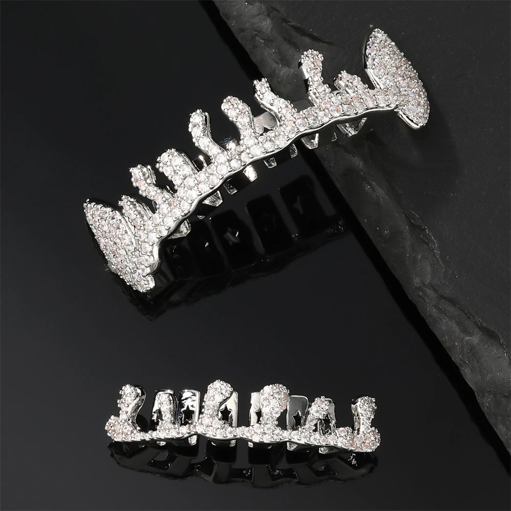 D Z Hip Pop Teeth Set Top Bottom Mouth Iced Out CZ Stones Tooth Caps Removable Dental Halloween Fashion Jewelry 250606