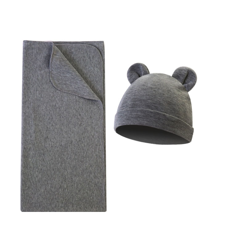 Wholesale Custom Knitted Bamboo Fiber High-Elasticity Baby Swaddle Wrap Set, Including Hat and Newborn Blanket
