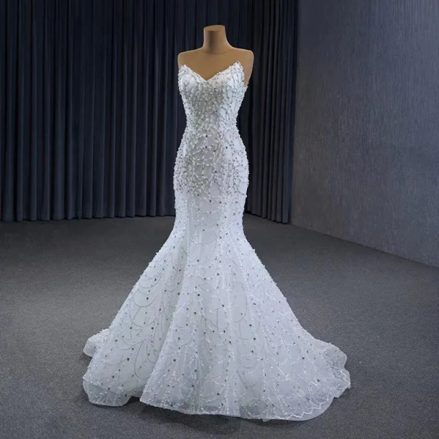 Luxury Pearls Mermaid Wedding Dress Beading Crystal Strapless Bride Gowns Detachable Sweep Train Bridal Dresses Customized