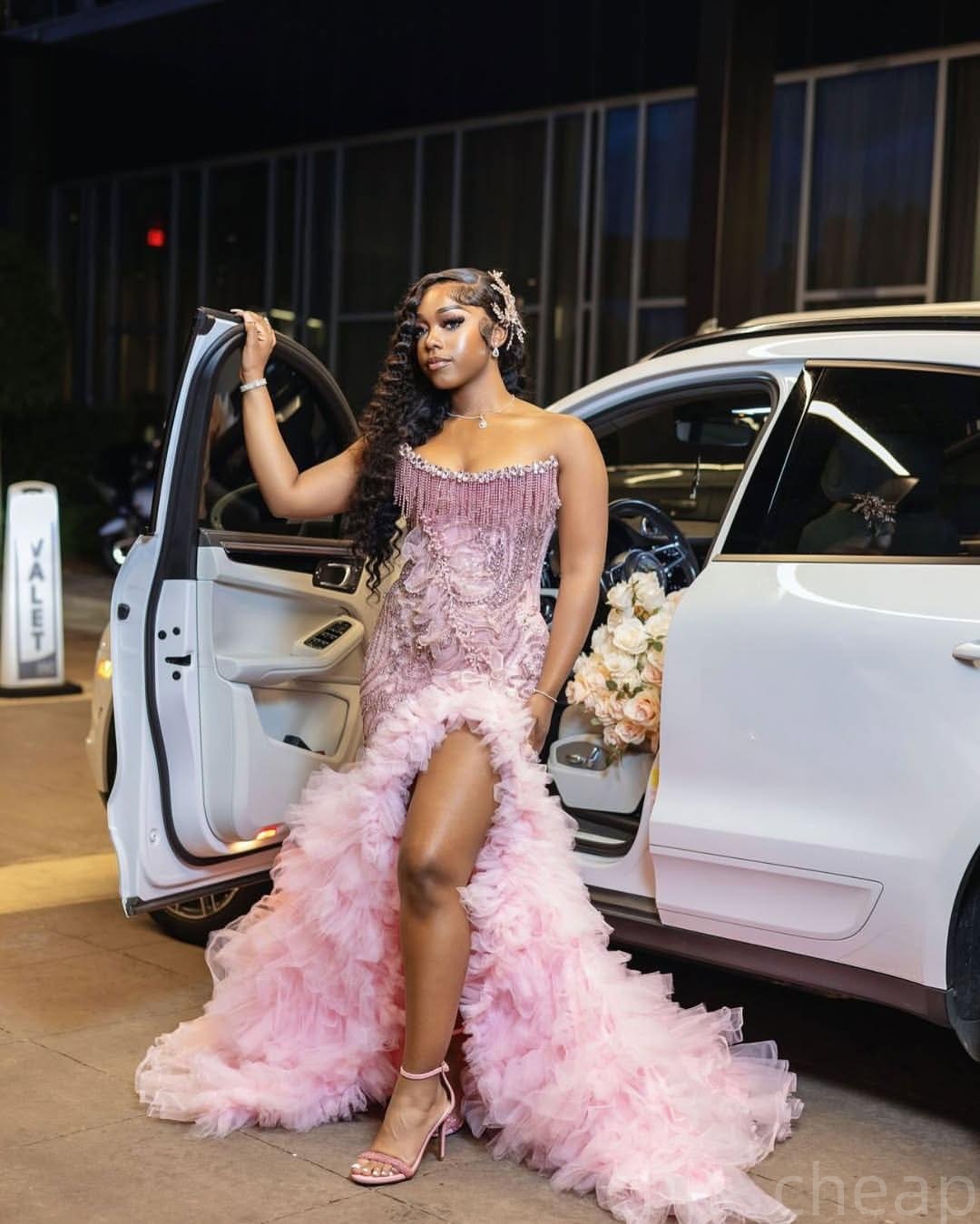 Pink Mermaid Prom Dresses 2025 Florals Crystals Tassels Tiers Tulle Evening Formal Party Second Birthday Engagement Gowns Plus Size Dress For Special 