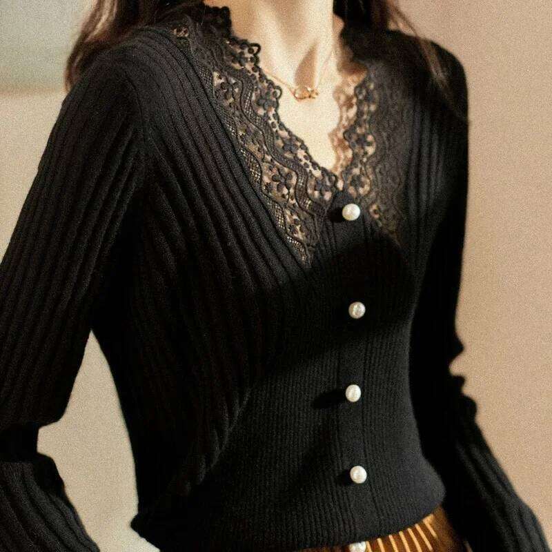 Lace Sweaters for Women Fashion Korean Women's Sweater 2024 Trend Long Sleeve Jumper Knitted Haruku Clothes Crochet Tops Black