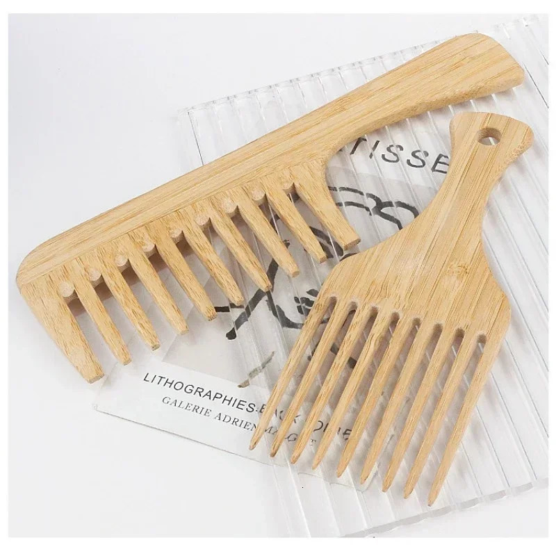 1Pcs Natural Bamboo Wooden Hair Comb Anti-Static Afro Fork Combs For Women Round Wide Tooth Wood Comb Hair Brush women 250625